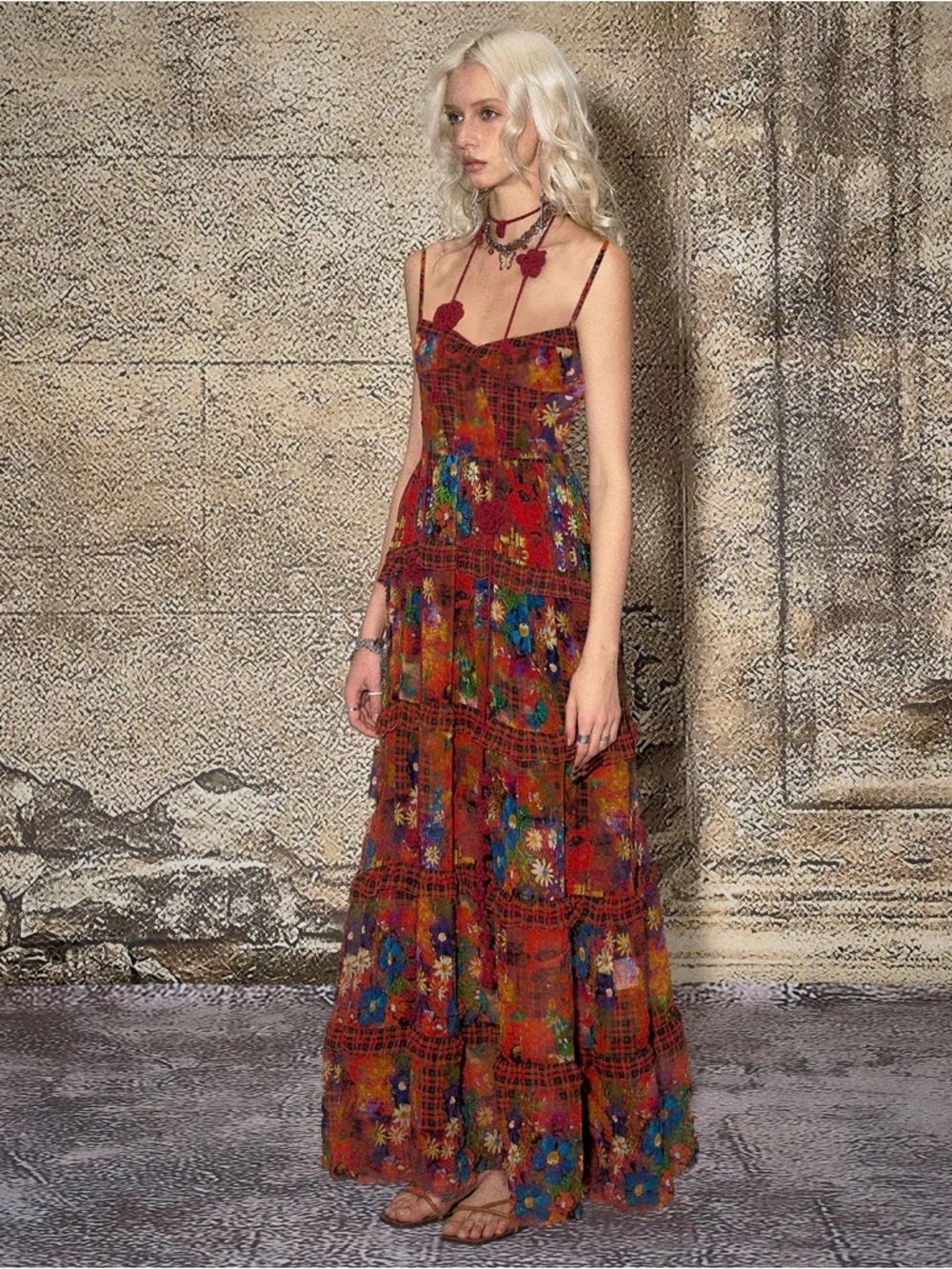 Floral Plaid Red Boho Maxi Dress with Spaghetti Straps nwt - Picture 7 of 10